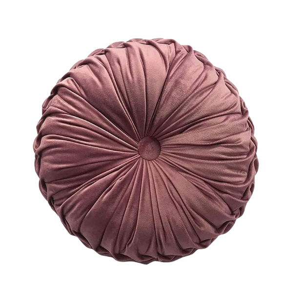Blush velvet round throw pillow with ribbed edges and button detail, soft cotton fill for home décor