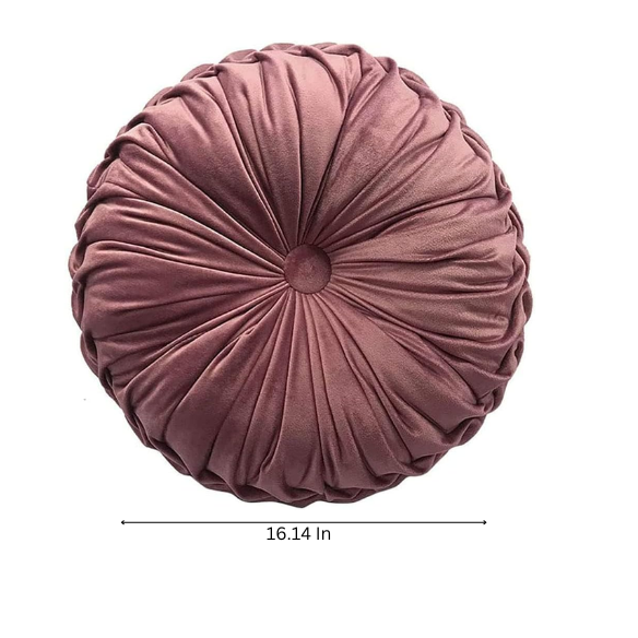 Blush velvet round throw pillow with ribbed edges and button detail, soft cotton fill for home décor