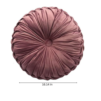 Blush velvet round throw pillow with ribbed edges and button detail, soft cotton fill for home décor