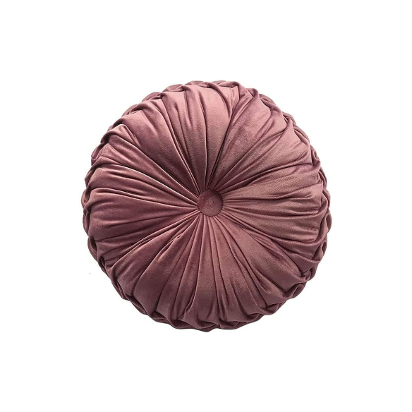 Blush velvet round throw pillow with ribbed edges and button detail, soft cotton fill for home décor