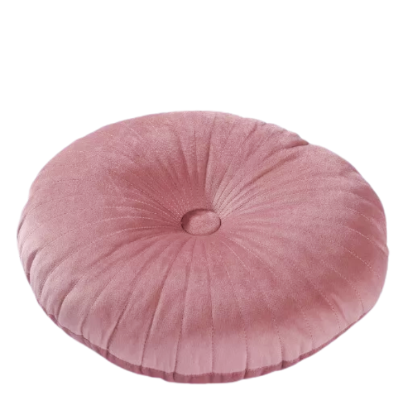 Blush velvet round throw pillow with button closure and pleated design, soft cotton fill for added comfort and support, perfect for home décor and sofa.