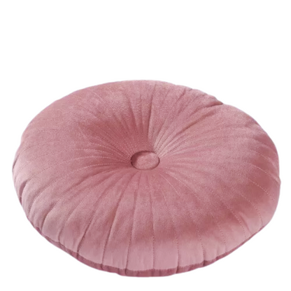 Blush velvet round throw pillow with button closure and pleated design, soft cotton fill for added comfort and support, perfect for home décor and sofa.