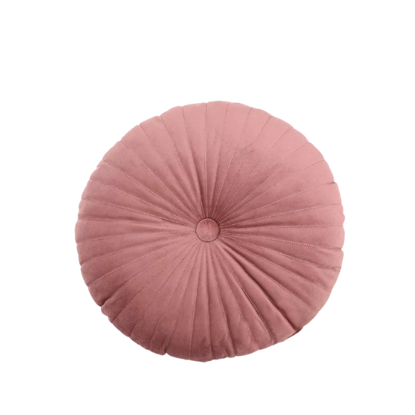 Blush velvet round throw pillow with button closure and pleated design, soft cotton fill for added comfort and support, perfect for home décor and sofa.