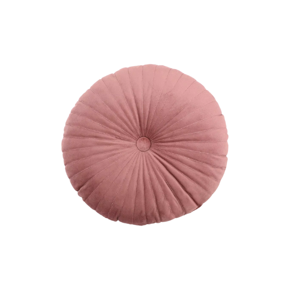 Blush velvet round throw pillow with button closure and pleated design, soft cotton fill for added comfort and support, perfect for home décor and sofa.