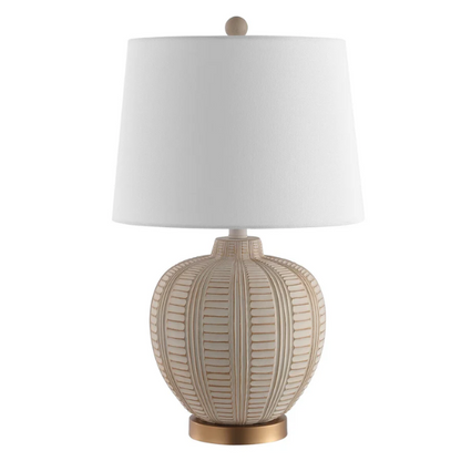 Cream and rose gold resin table lamp with carved textured base, white cotton drum shade, and built-in USB charging port for modern boho interiors

