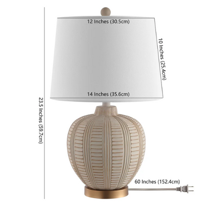 Cream and rose gold resin table lamp with carved textured base, white cotton drum shade, and built-in USB charging port for modern boho interiors

