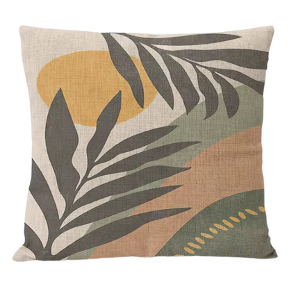 Boho linen throw pillow covers with abstract leaf design in neutral multi-colored shades