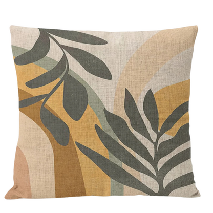Boho linen throw pillow covers with abstract leaf design in neutral multi-colored shades