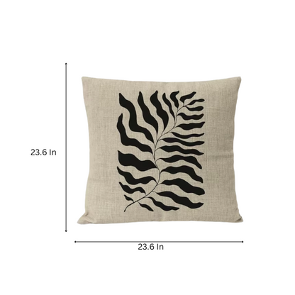 Boho linen throw pillow covers in black, light coffee, and cream with modern abstract design and leaf geometric print