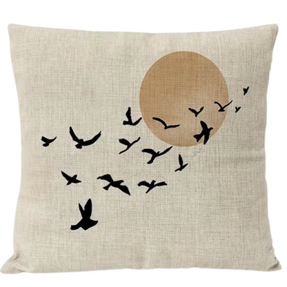 Boho Linen Throw Pillow Covers with Modern Abstract Design in Neutral Multi-Colored Shades and Black Bird Accent – Decorative Square Pillow Covers for Home, Office, and Bedroom.