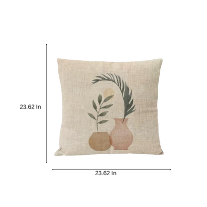 Boho Linen Throw Pillow Covers with Modern Abstract Design in Neutral Multi-Colored Shades, featuring a Flower Pot with Plant – Decorative Square Pillow Covers for Home, Office, and Bedroom.