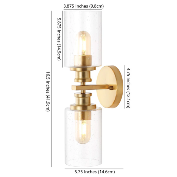 Rich brass wall sconce with dual clear seeded glass cylinder shades and Edison-style LED bulbs, perfect for upscale bathroom or hallway lighting

