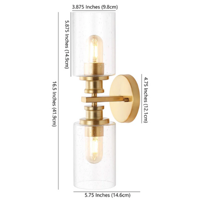 Rich brass wall sconce with dual clear seeded glass cylinder shades and Edison-style LED bulbs, perfect for upscale bathroom or hallway lighting

