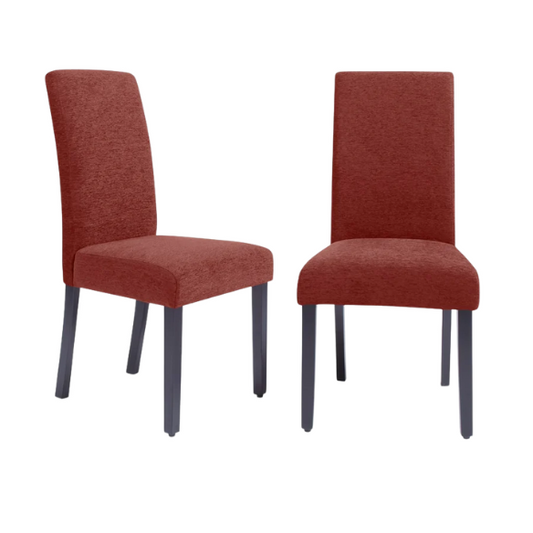 Set of two brick-colored upholstered dining chairs with high backs, espresso wood frames, and cushioned polyester seats.