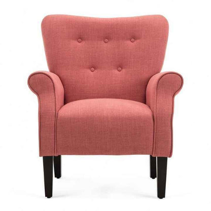 A brick red accent chair with a high backrest, gently sloped sides, and padded armrests. The chair features a solid brick red upholstery, providing a warm and elegant look. It is supported by sleek, tapered wooden legs with rubber inserts to protect floors. Perfect for relaxing, reading, or lounging, this modern yet timeless piece adds comfort and sophistication to any room in your home.