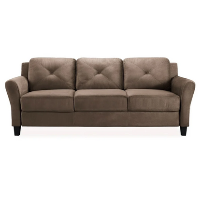 Modern 3-seater sofa upholstered in brown microfiber with tufted back cushions, flared arms, and a eucalyptus wood frame – perfect for transitional, rustic, or contemporary living rooms

