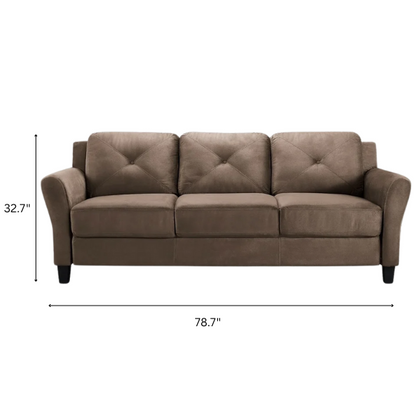 Modern 3-seater sofa upholstered in brown microfiber with tufted back cushions, flared arms, and a eucalyptus wood frame – perfect for transitional, rustic, or contemporary living rooms

