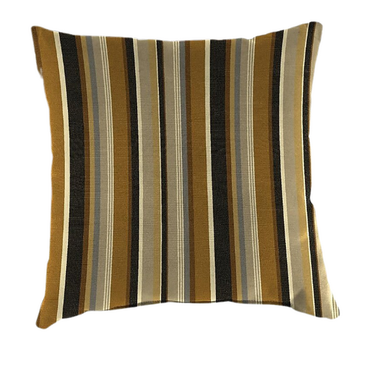 Striped accent pillow in brown, beige, and white – indoor/outdoor use, weather-resistant, reversible, and filled with plush polyester for long-lasting comfort.

