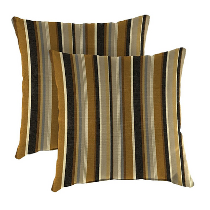 Striped accent pillow in brown, beige, and white – indoor/outdoor use, weather-resistant, reversible, and filled with plush polyester for long-lasting comfort.

