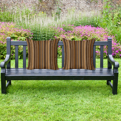 Striped accent pillow in brown, beige, and white – indoor/outdoor use, weather-resistant, reversible, and filled with plush polyester for long-lasting comfort.

