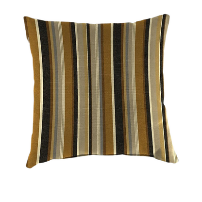 Striped accent pillow in brown, beige, and white – indoor/outdoor use, weather-resistant, reversible, and filled with plush polyester for long-lasting comfort.

