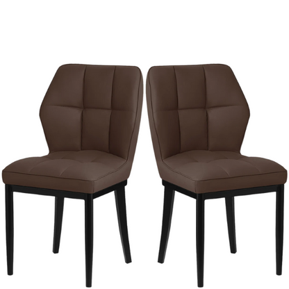 Set of two brown mid-century modern faux leather dining chairs with checkered stitching and metal legs