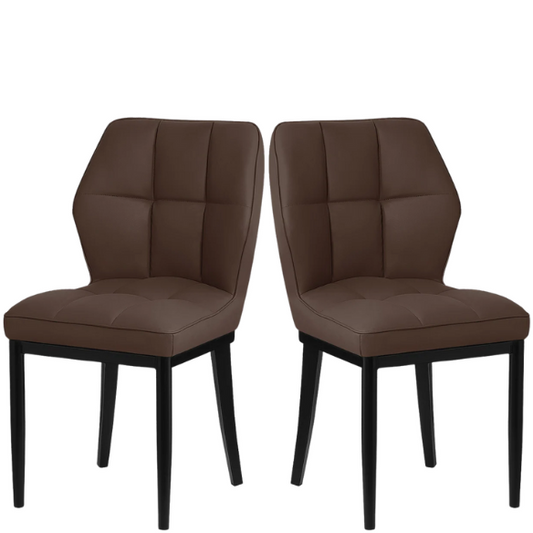 Set of two brown mid-century modern faux leather dining chairs with checkered stitching and metal legs
