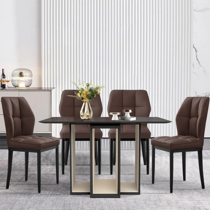 Set of two brown mid-century modern faux leather dining chairs with checkered stitching and metal legs