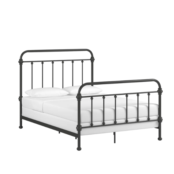 Brown full size metal bed frame with curved headboard and footboard, spindle detailing, and center support legs.