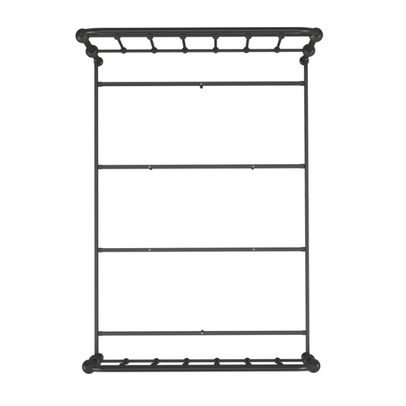 Brown full size metal bed frame with curved headboard and footboard, spindle detailing, and center support legs