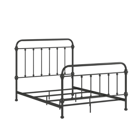 Brown full size metal bed frame with curved headboard and footboard, spindle detailing, and center support legs.