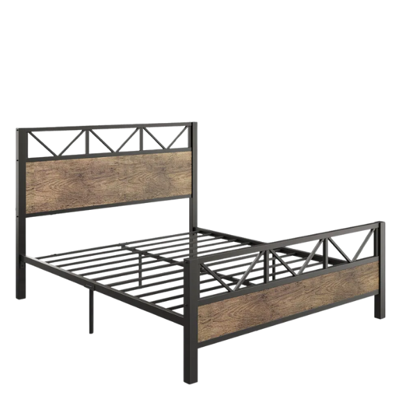 Brown industrial king-size platform bed with a metal frame, wooden panel headboard and footboard, and no box spring required

