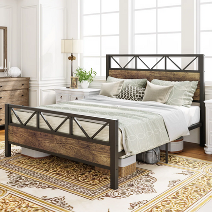 Brown industrial king-size platform bed with a metal frame, wooden panel headboard and footboard, and no box spring required

