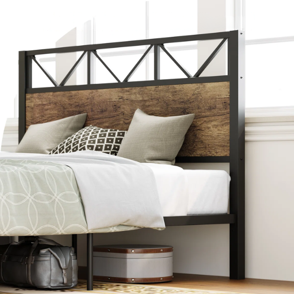 Brown industrial king-size platform bed with a metal frame, wooden panel headboard and footboard, and no box spring required

