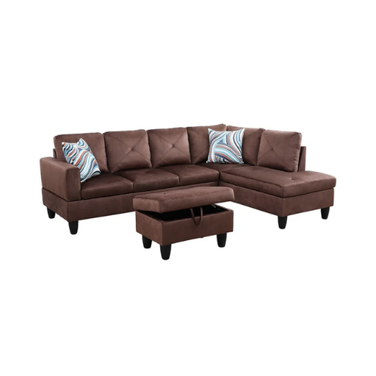 Brown L-shaped sectional sofa with right-facing chaise and ottoman, microfiber upholstery and light gray wooden legs