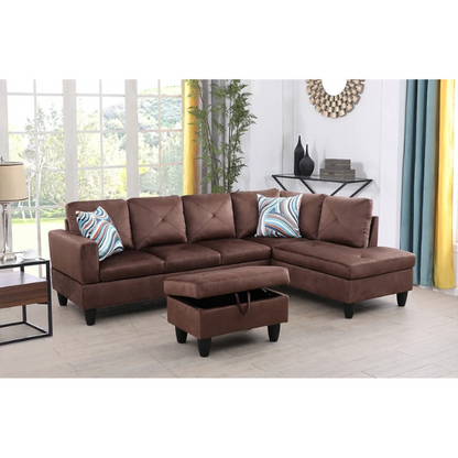 Brown L-shaped sectional sofa with right-facing chaise and ottoman, microfiber upholstery and light gray wooden legs
