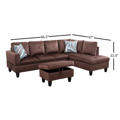 Brown L-shaped sectional sofa with right-facing chaise and ottoman, microfiber upholstery and light gray wooden legs