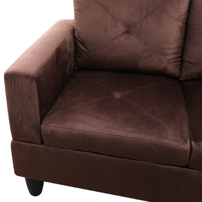 Brown L-shaped sectional sofa with right-facing chaise and ottoman, microfiber upholstery and light gray wooden legs