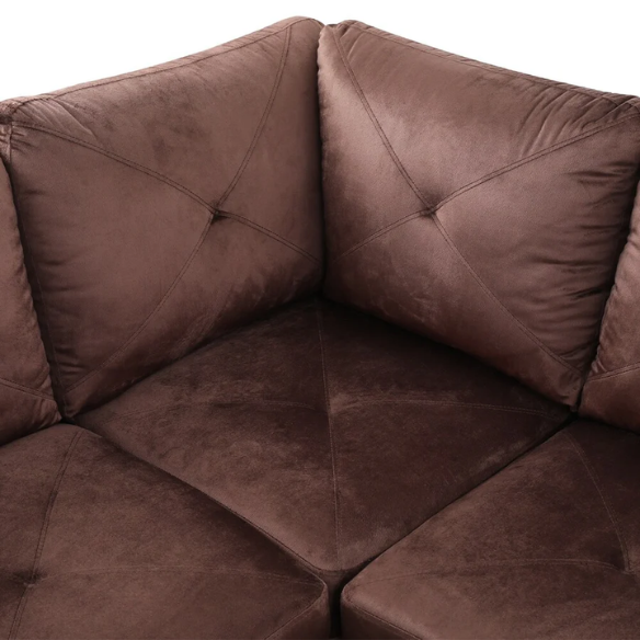 Brown L-shaped sectional sofa with right-facing chaise and ottoman, microfiber upholstery and light gray wooden legs