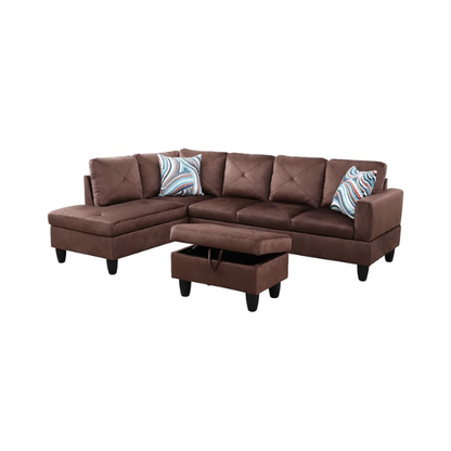 Brown L-shaped sectional sofa with right-facing chaise and ottoman, microfiber upholstery and light gray wooden legs