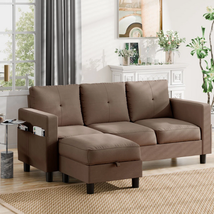 Modern brown L-shaped sectional sofa with hidden storage ottoman, stain-resistant upholstery, and square arms, ideal for small living rooms.

