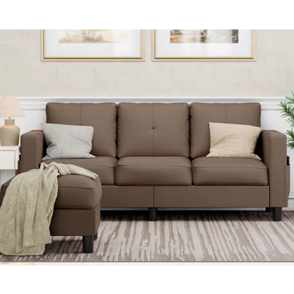 Modern brown L-shaped sectional sofa with hidden storage ottoman, stain-resistant upholstery, and square arms, ideal for small living rooms.

