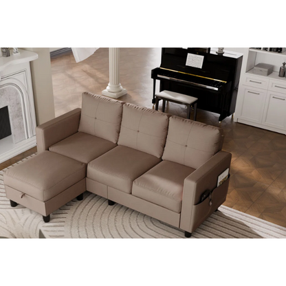 Modern brown L-shaped sectional sofa with hidden storage ottoman, stain-resistant upholstery, and square arms, ideal for small living rooms.

