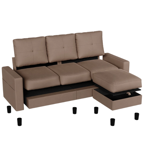 Modern brown L-shaped sectional sofa with hidden storage ottoman, stain-resistant upholstery, and square arms, ideal for small living rooms.

