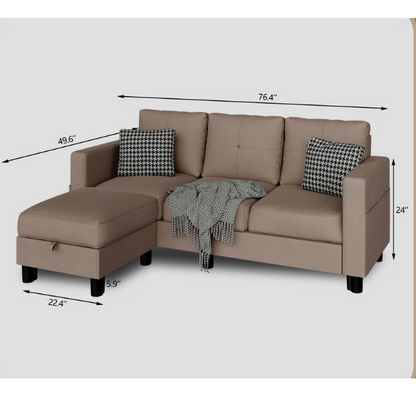Modern brown L-shaped sectional sofa with hidden storage ottoman, stain-resistant upholstery, and square arms, ideal for small living rooms.

