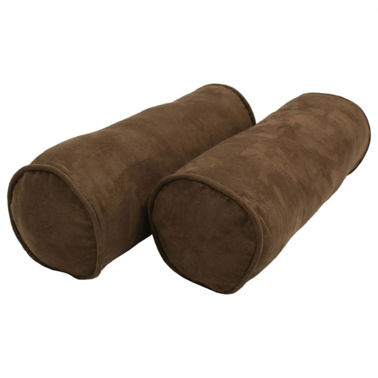 Set of 2 brown bolster throw pillows with soft microsuede covers, corded edges, and plush polyester fill, perfect for adding warmth and style to your indoor décor.

