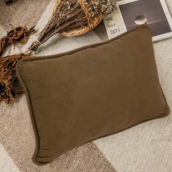 Brown microsuede lumbar throw pillow set of 2 with piped edges – decorative rectangular pillows for couch, bed, and living room