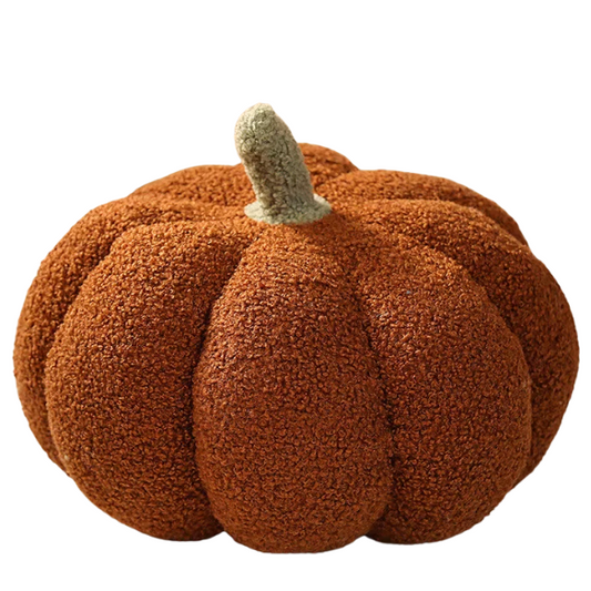 Brown plush pumpkin throw pillow – soft 3D decorative cushion for fall, Halloween, and Thanksgiving home décor
