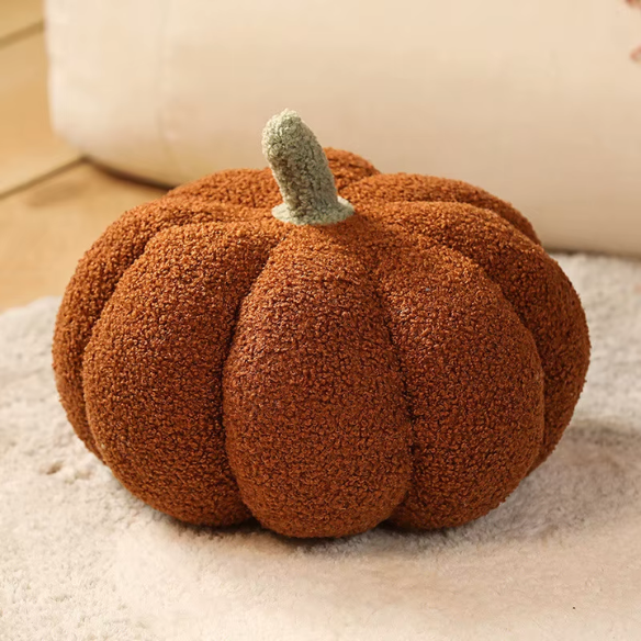 Brown plush pumpkin throw pillow – soft 3D decorative cushion for fall, Halloween, and Thanksgiving home décor