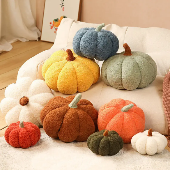 Brown plush pumpkin throw pillow – soft 3D decorative cushion for fall, Halloween, and Thanksgiving home décor